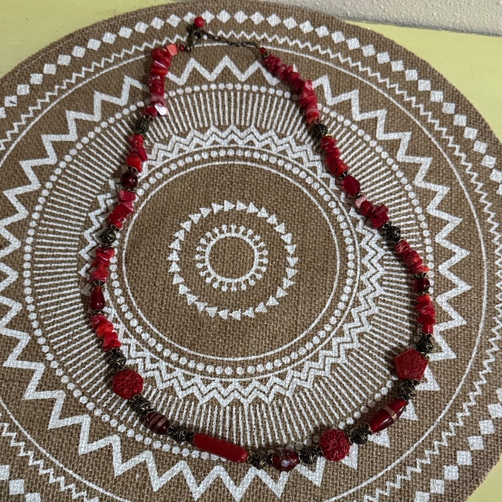 Vintage Asian Stone & Beaded Necklace Elegant Red